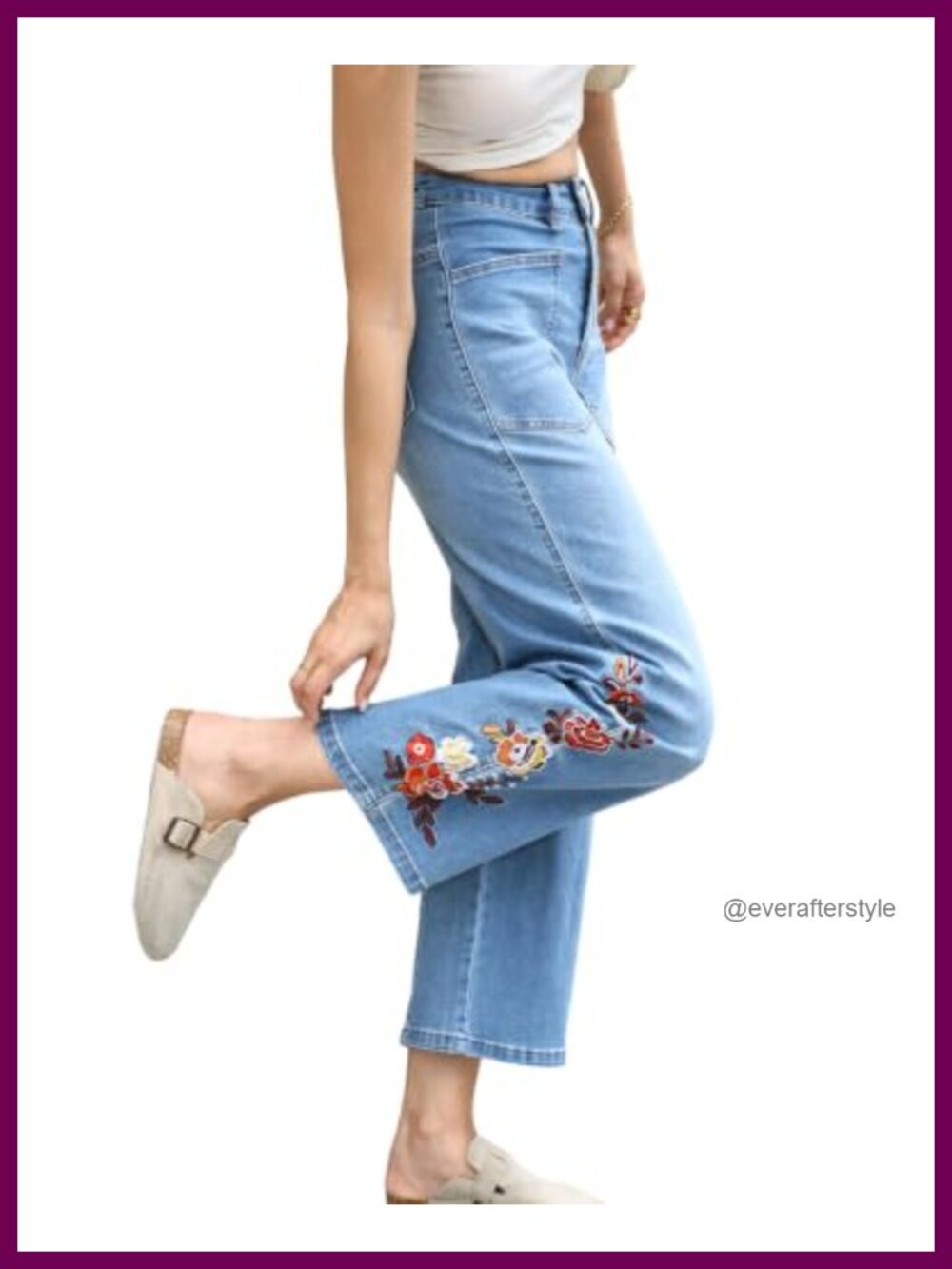 Women's Floral Embroidered Barrel Jeans Wide Leg Denim Pants Mid Rise